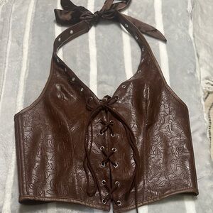 Brown Lace-Up Halter Top Size Small Corset Back